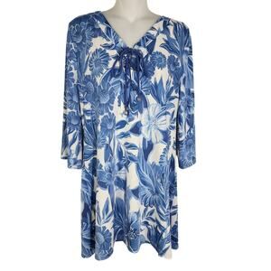 Beach Break Womens Coverup Tunic Size Medium Swim Blue Floral Stretch Tie Front
